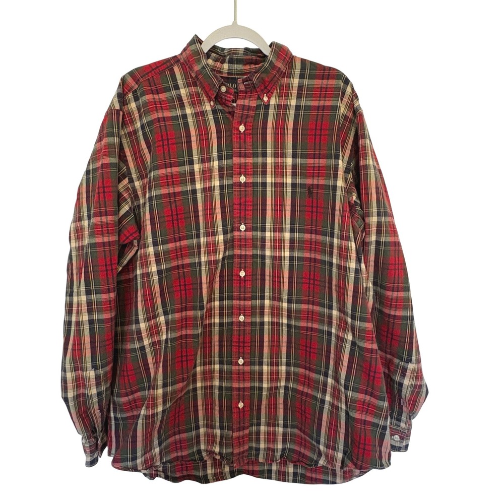 Polo Ralph Lauren Plaid Shirt Men XLT Red Green Tartan Oxford Preppy Ivy League